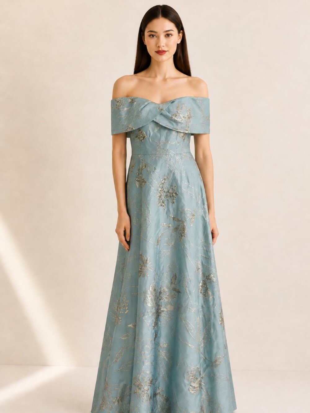 Teri Jon by Rickie Freeman Off the Shoulder Jacquard Metallic Floral Gown
